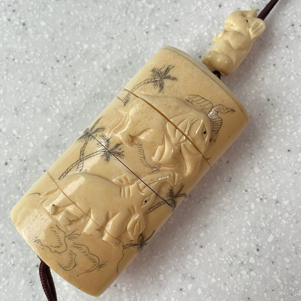 Vintage Japanese Inro Box 4 Compartment Elephant Relief Carving with Netsuke